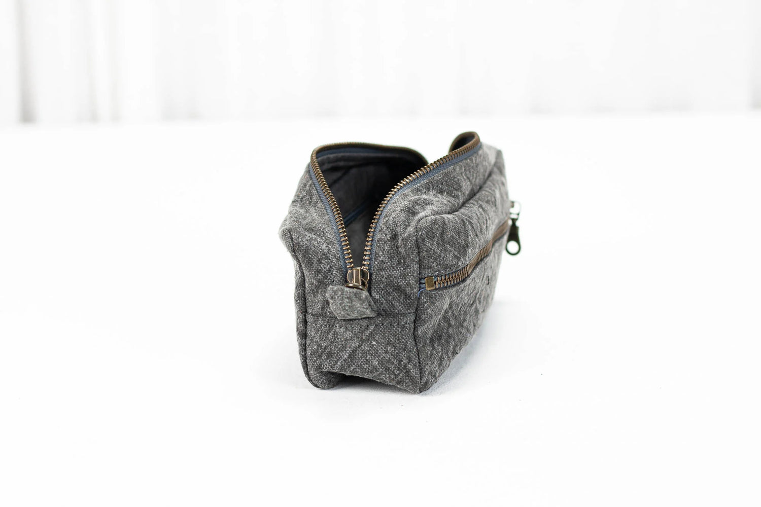 Gray textured pouch with a zipper on a white background