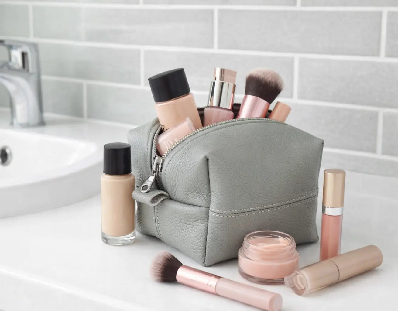 Makeup bag with various makeup items on a bathroom counter
