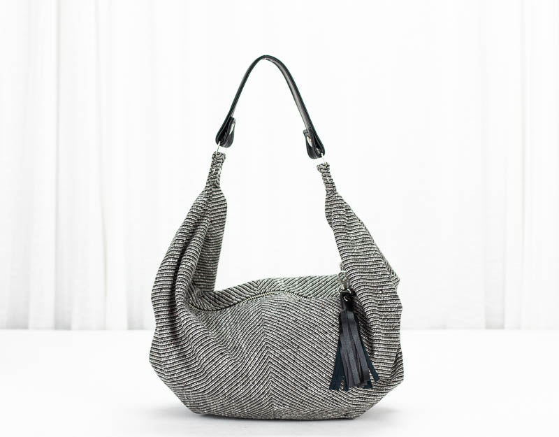 Kallia mini bag - Grey stripe cotton and Black leather - milloobags