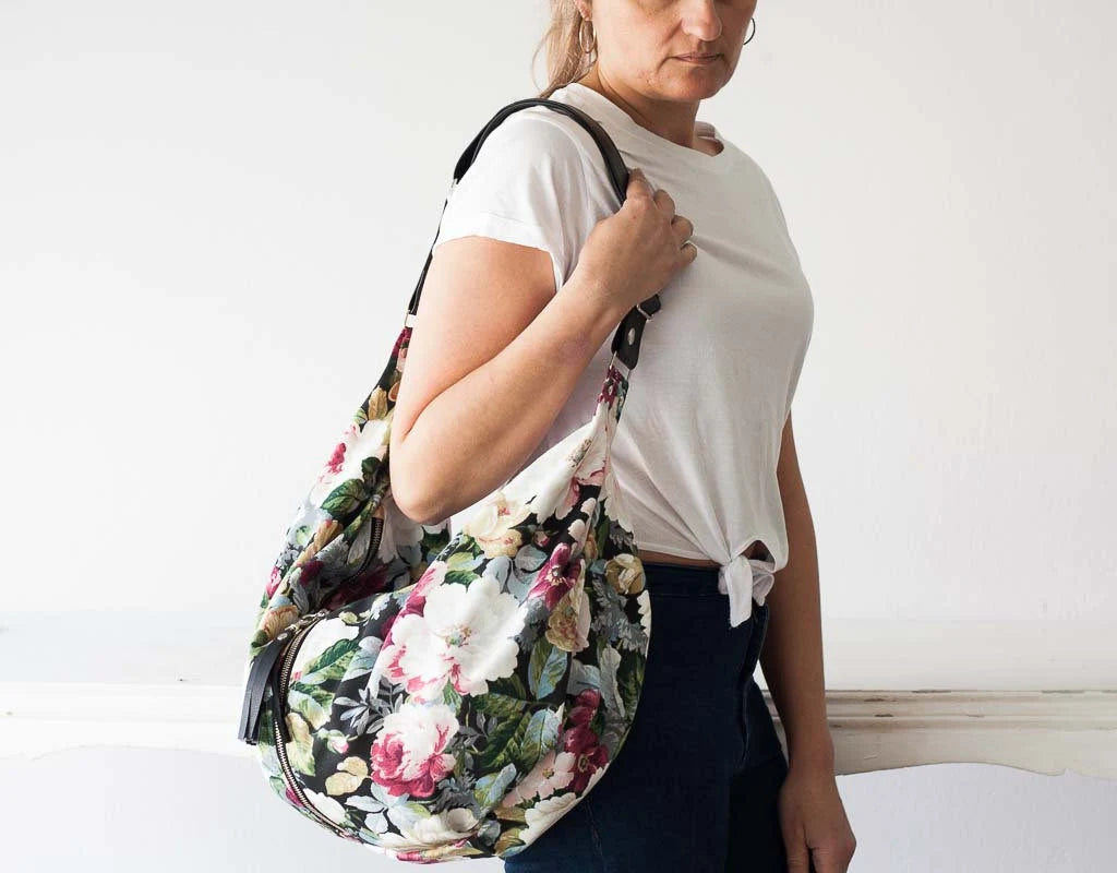 Kallia crossbody bag - Floral canvas and Black leather