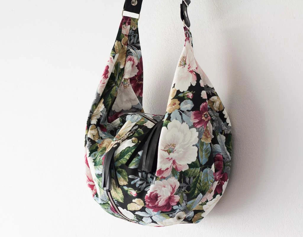 Kallia crossbody bag - Floral canvas and Black leather