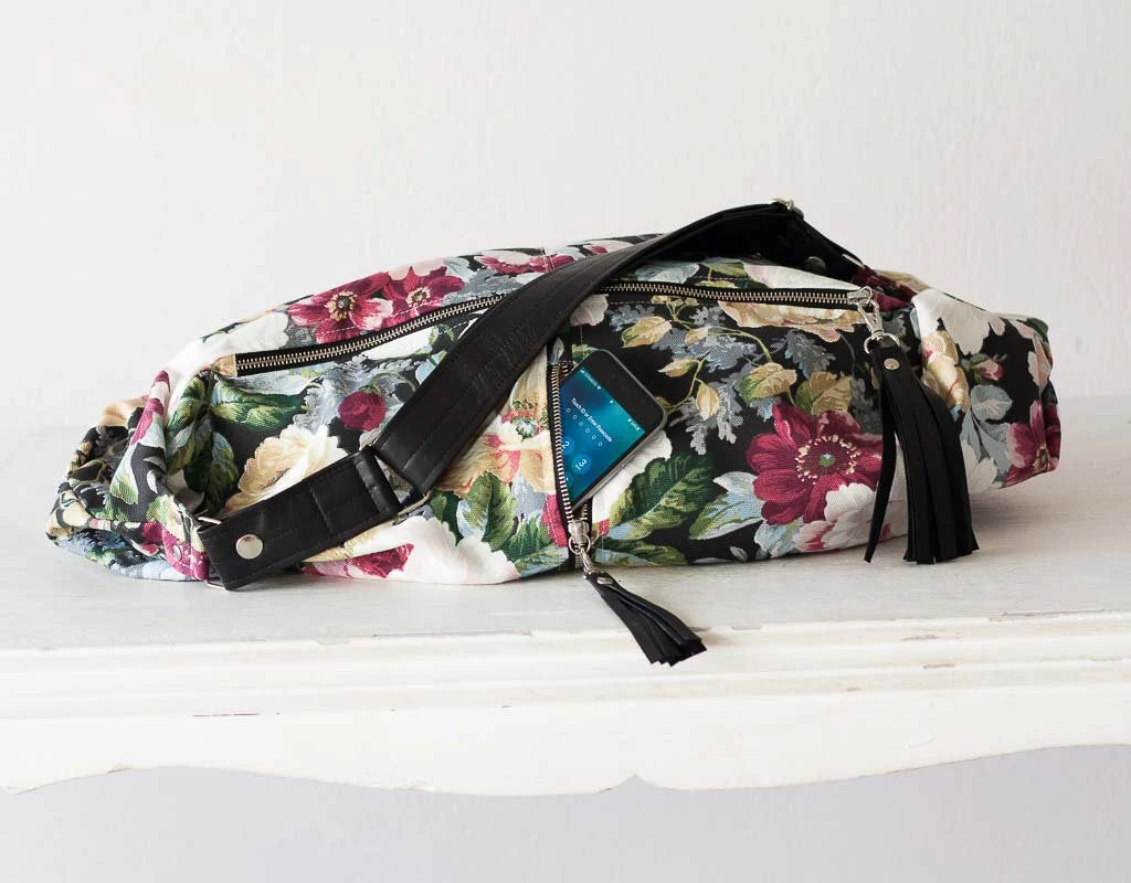 Kallia crossbody bag - Floral canvas and Black leather