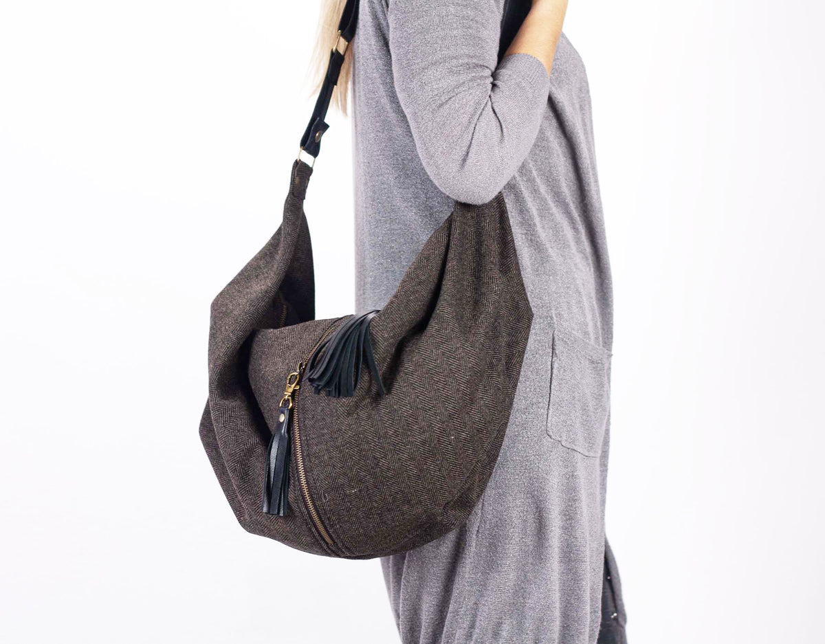 Kallia crossbody bag - Herringbone wool &amp; Black leather