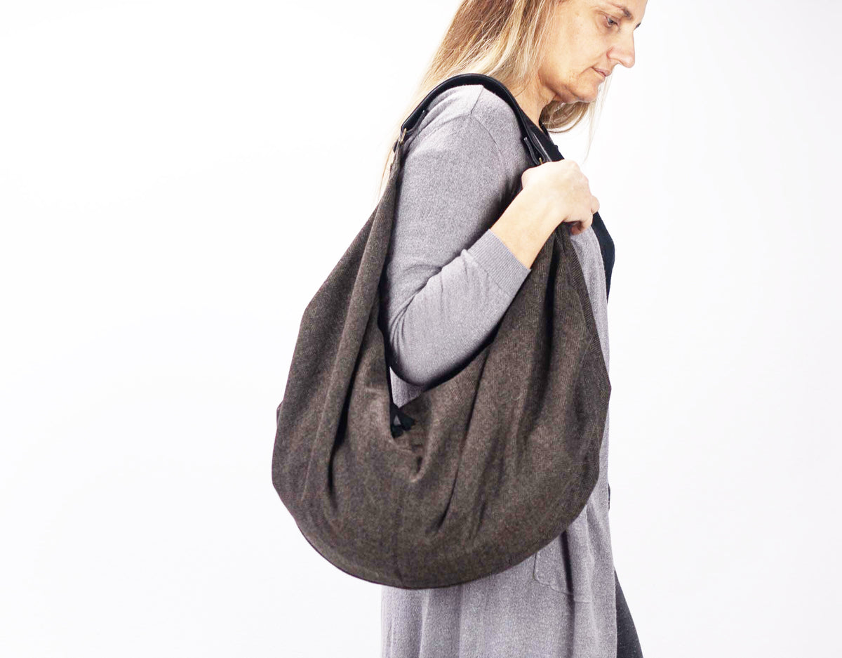Kallia bag - Wool herringbone and Black leather
