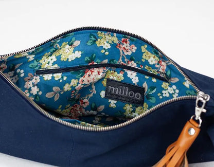 Navy blue bag with floral interior and &