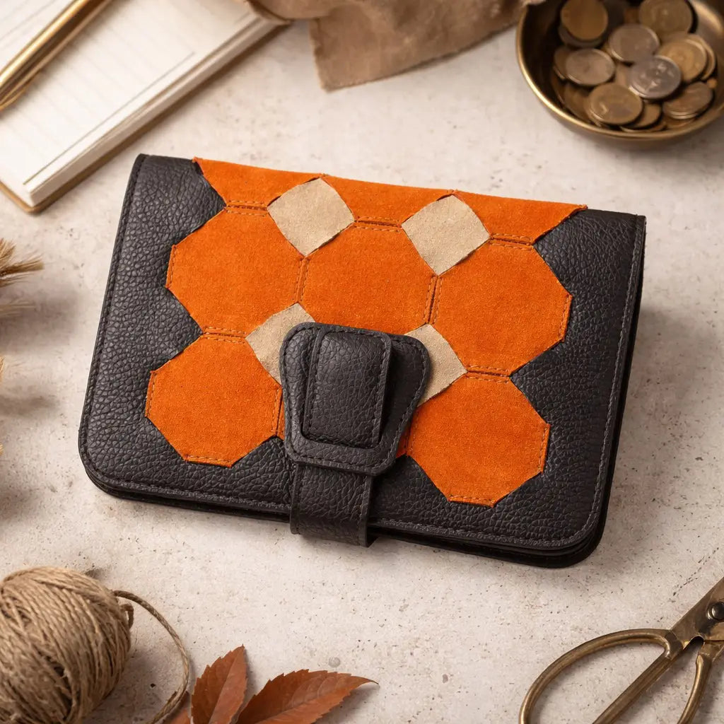 Brown and orange hexagonal patterned wallet on a light surface with coins and scissors in the background