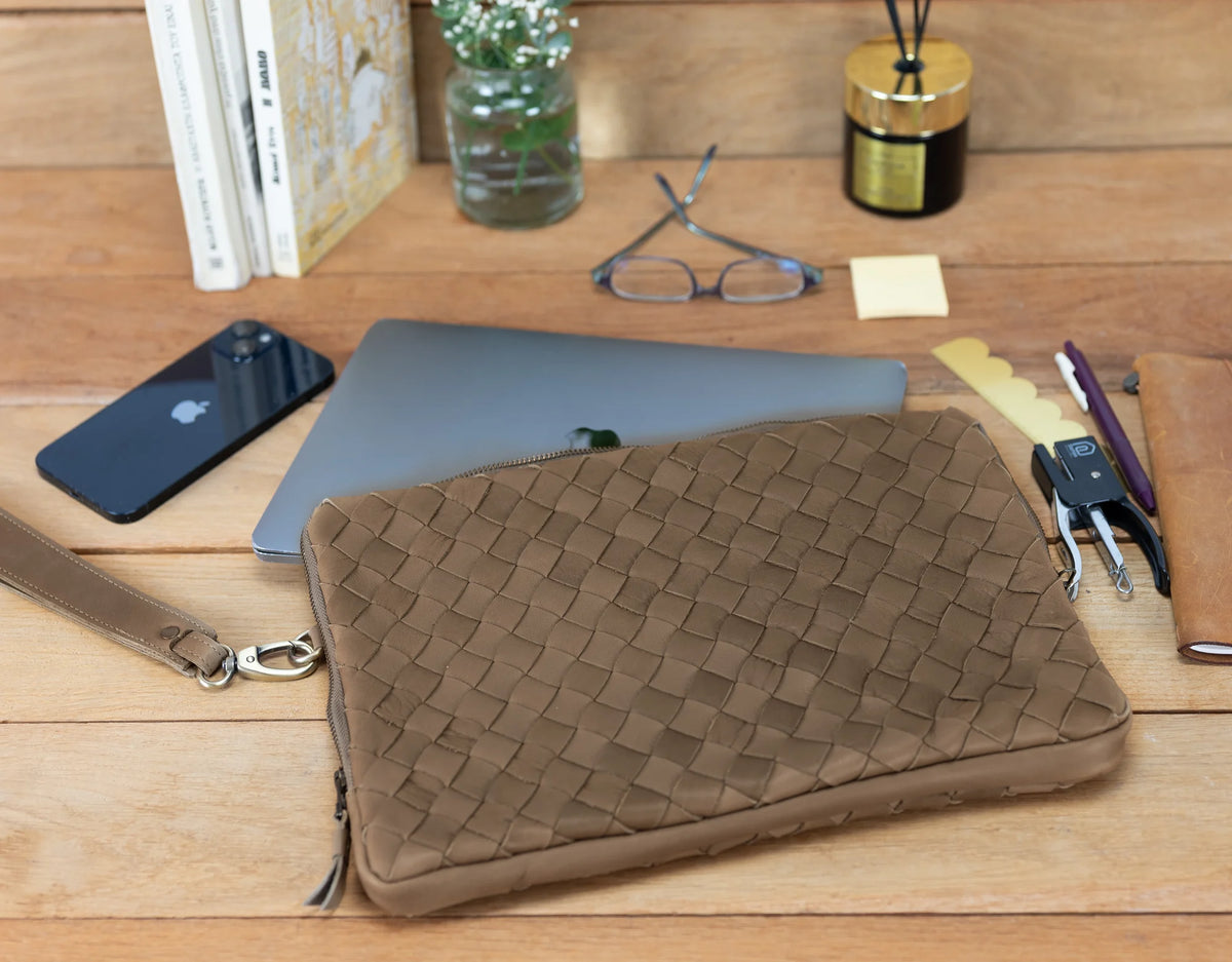 Athena Laptop Clutch - Khaki Brown leather