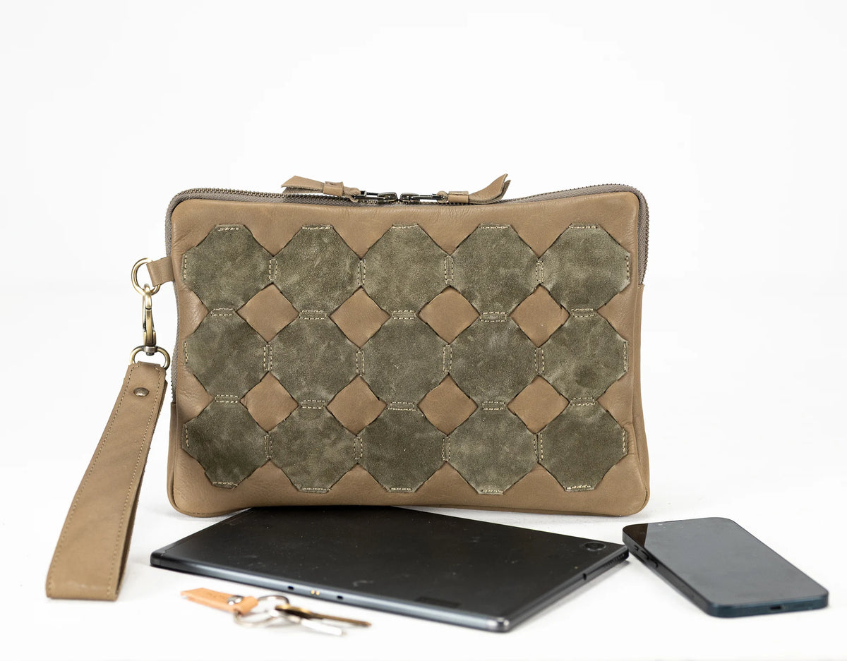 Athena Tablet Clutch - Khaki Brown leather