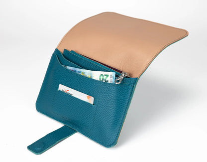 Teal leather wallet with beige flap on a white background