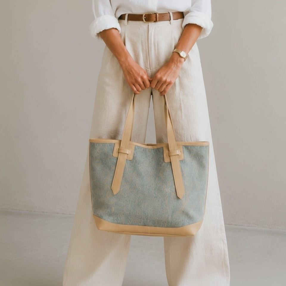 A woman carrying a denim tote bag 