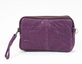 Purple leather wallet with card slots on a white background