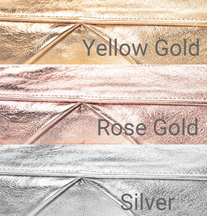 Three metallic faux leather fabric swatches stacked horizontally, labeled &