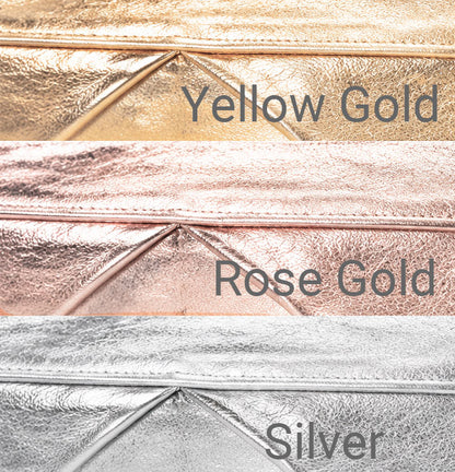 Three metallic faux leather fabric swatches stacked horizontally, labeled &
