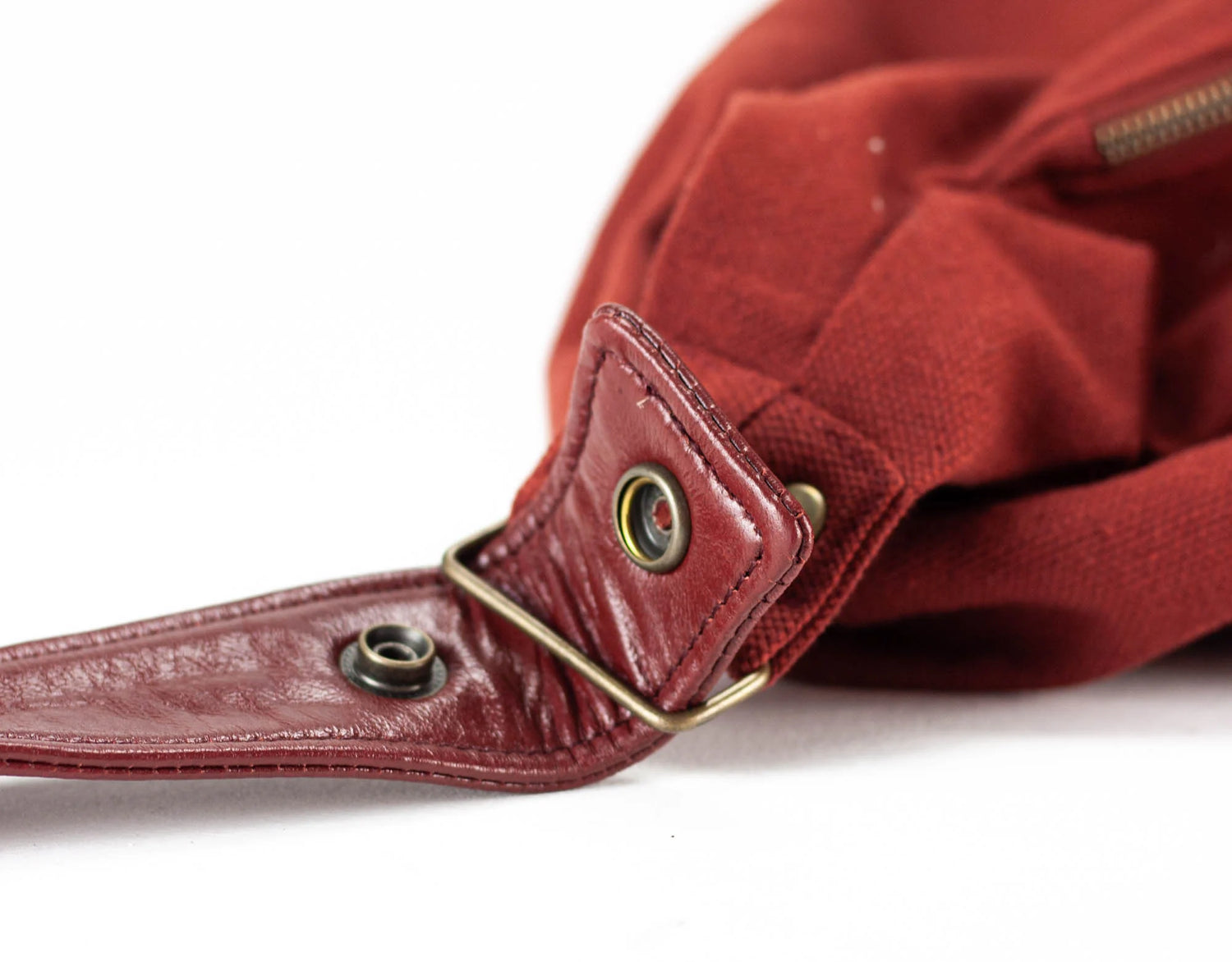 Close-up of a red bag with a gold buckle on a white background