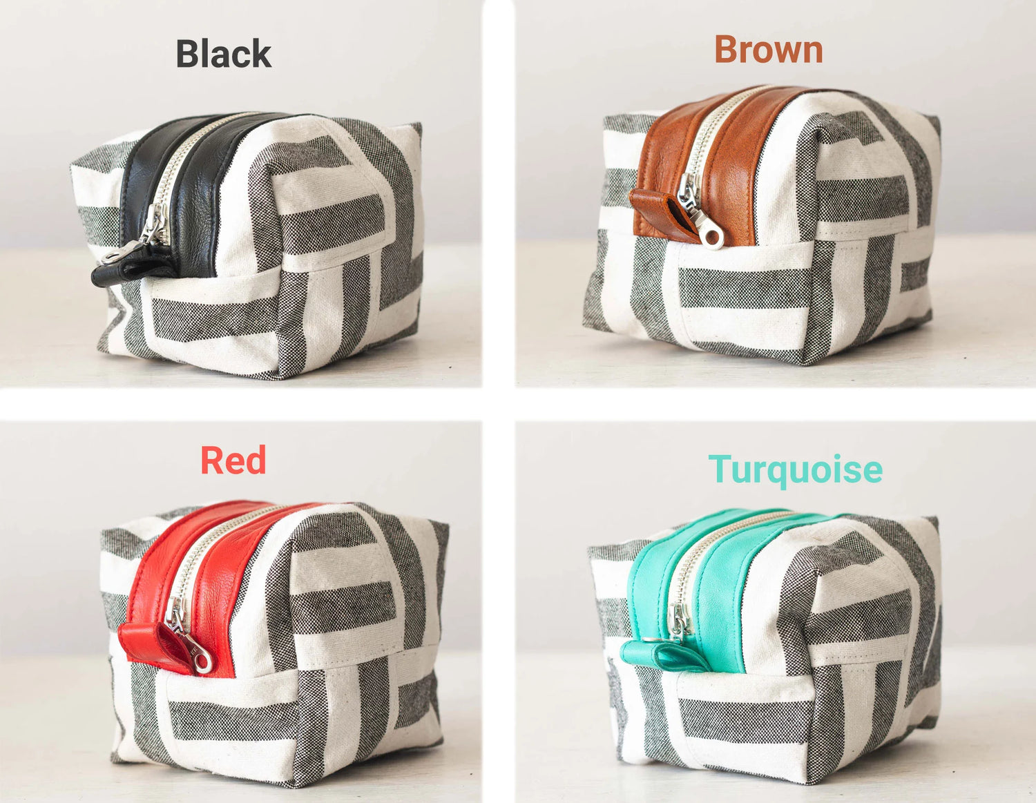 Four pouches with different color zippers on a white background