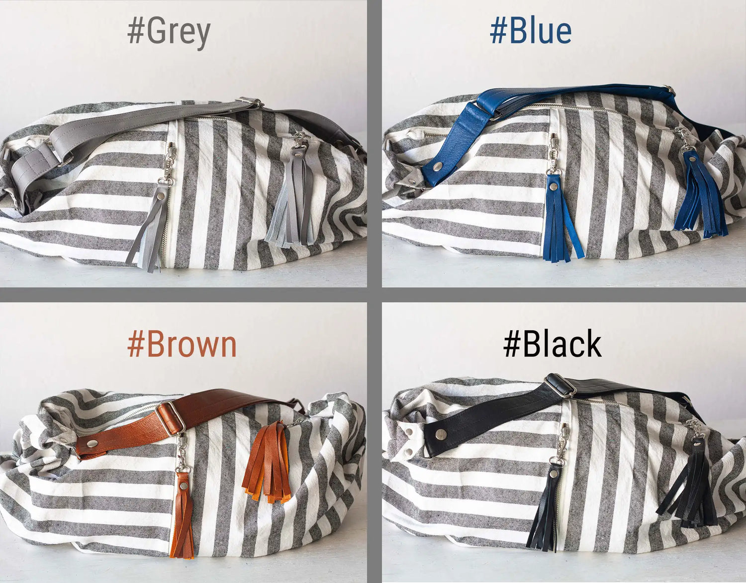 Four striped bags in different colors with visible labels on a white background