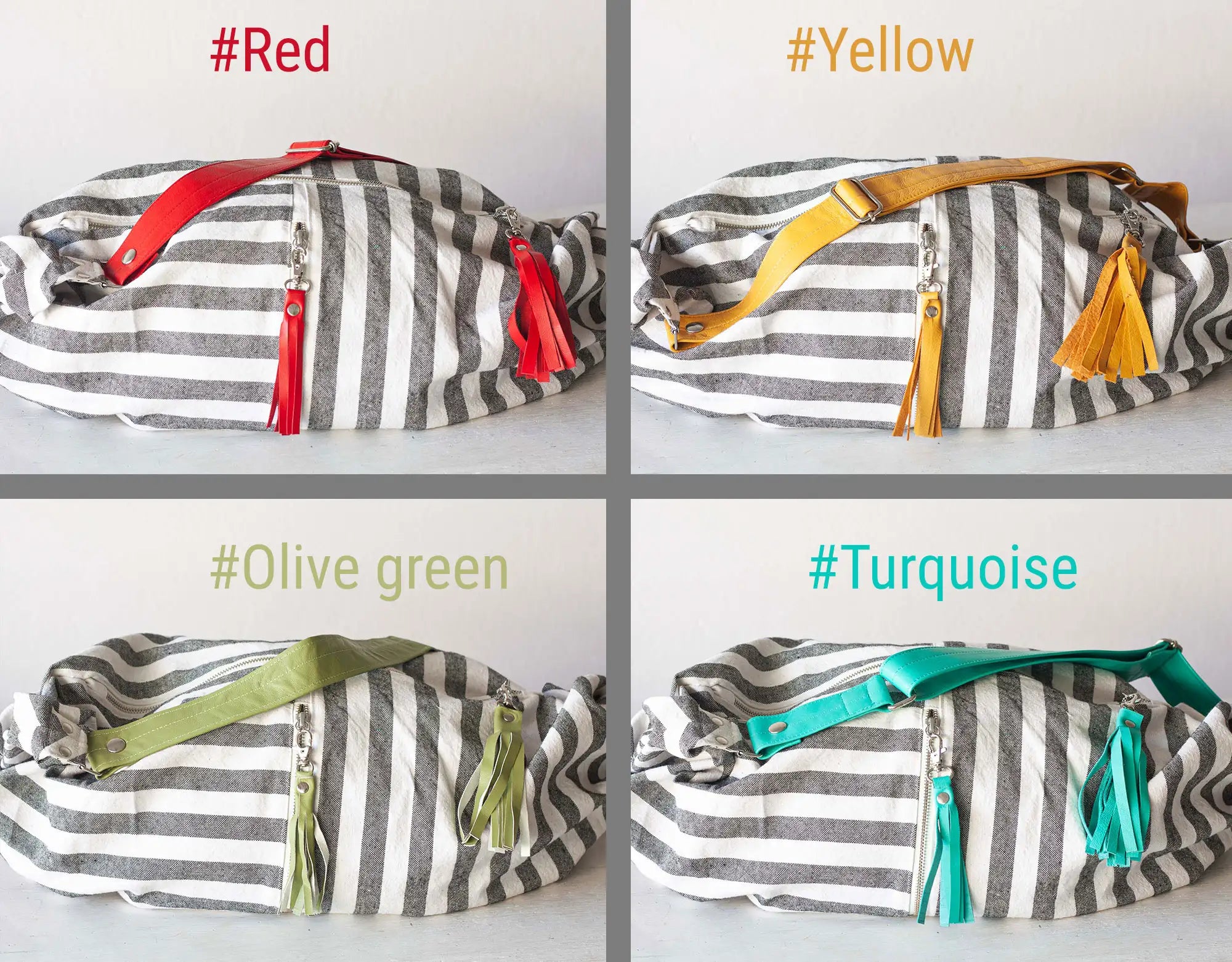 Four striped bags with colorful straps on a white background