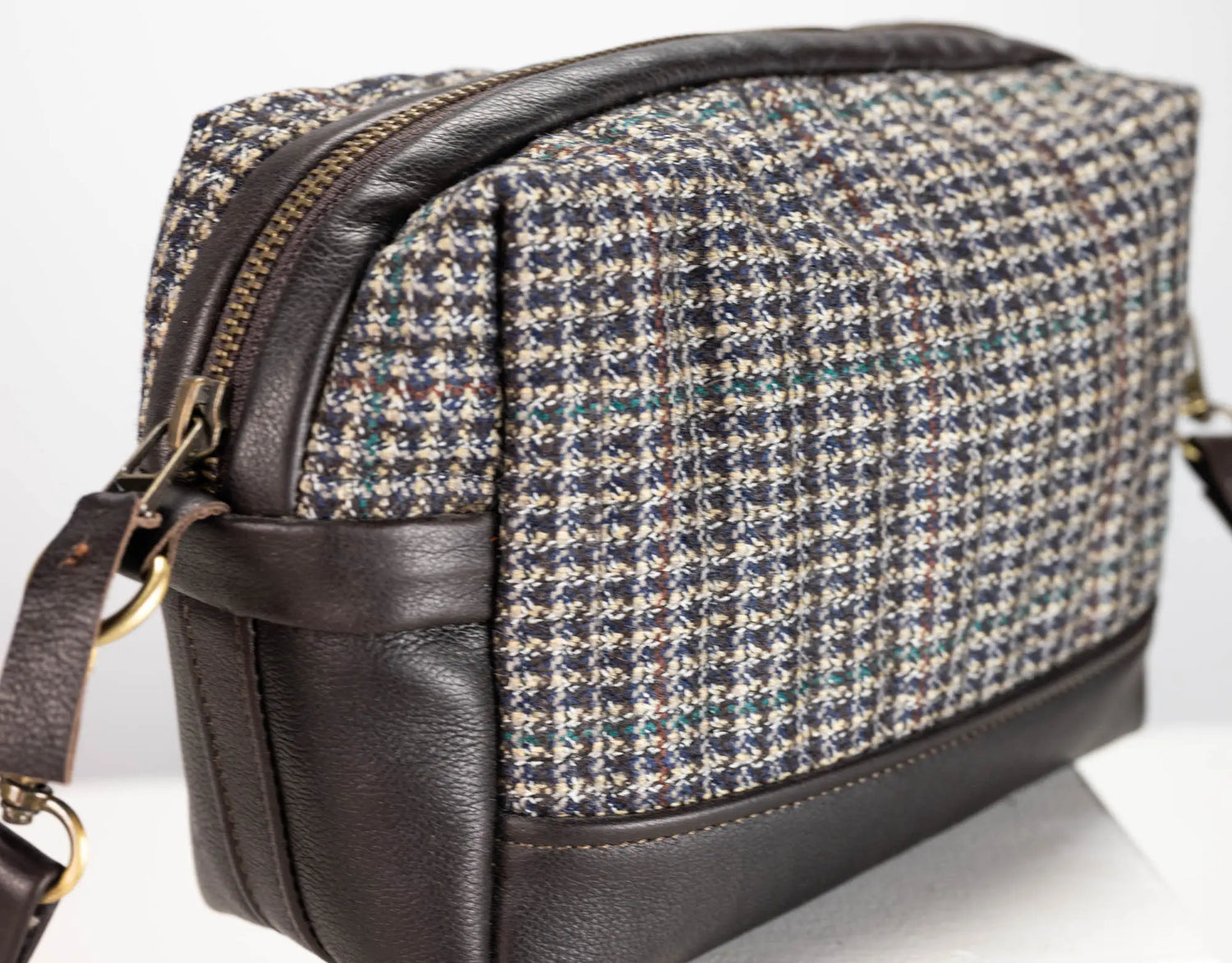 brown leather and wool bag