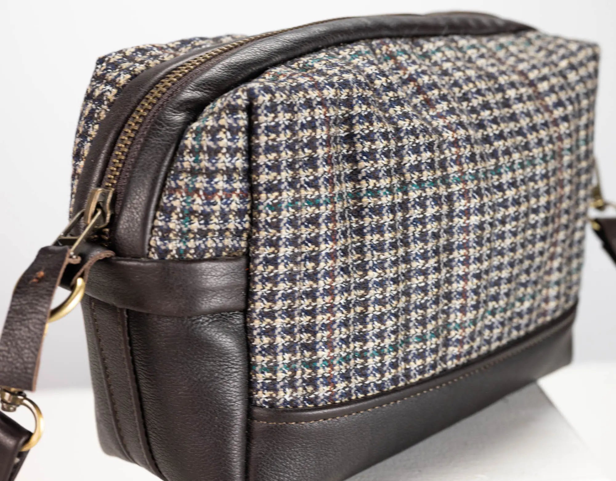 brown leather and wool bag