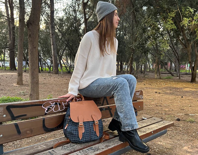 Artemis backpack - Blue jeans with houndstooth pattern and Brown leather - milloobags