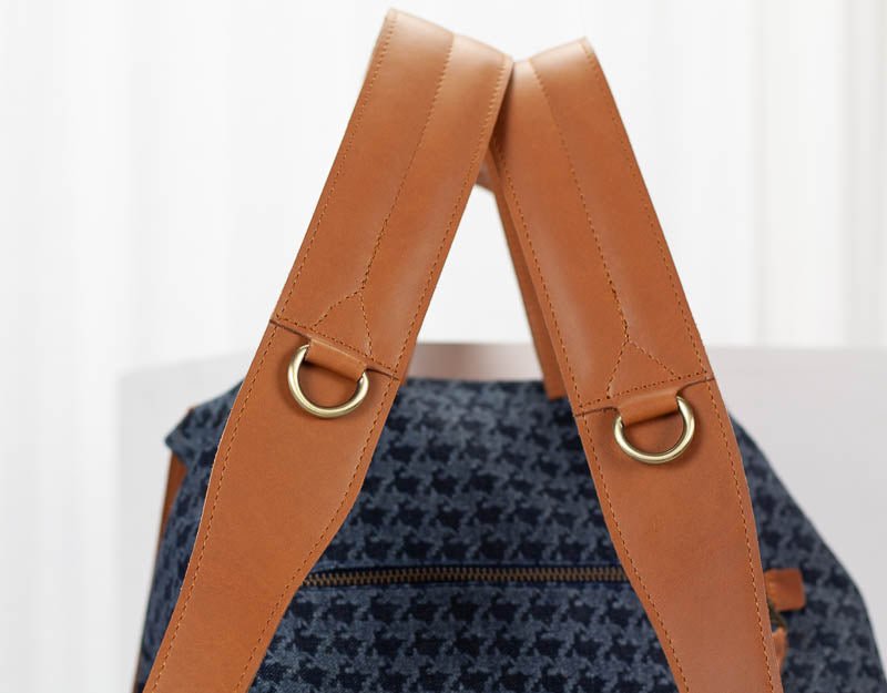 Artemis backpack - Blue jeans with houndstooth pattern and Brown leather - milloobags