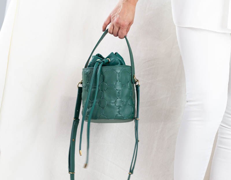 Helon mini bucket bag - Handwoven petrol green leather - milloobags