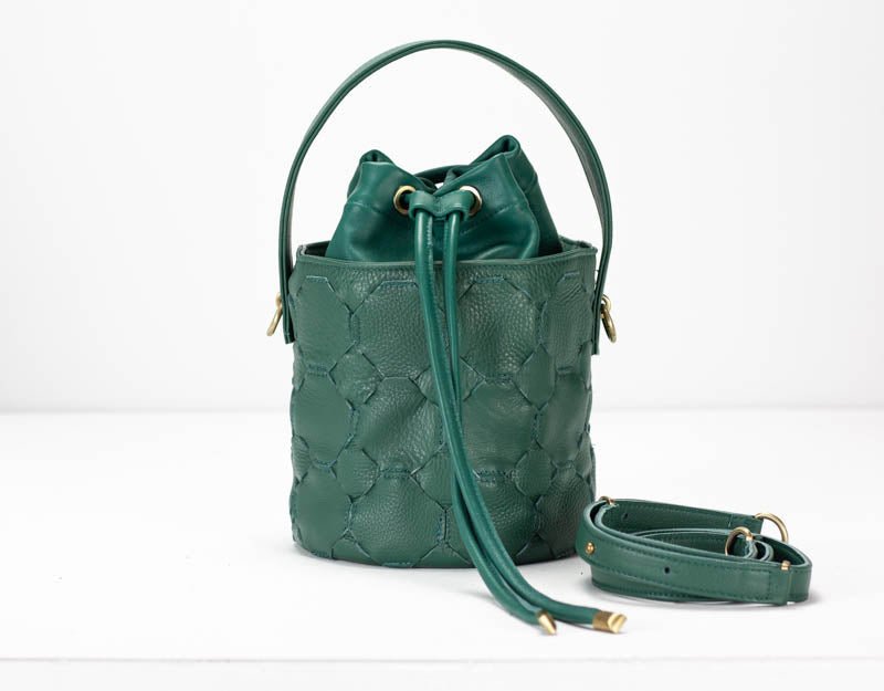 Helon mini bucket bag - Handwoven petrol green leather - milloobags