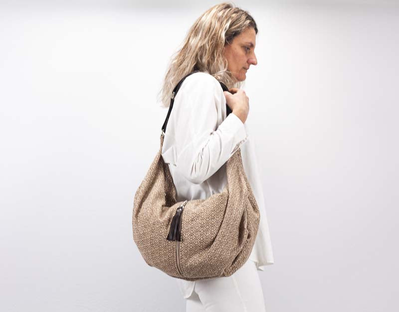 Kallia crossbody bag - Beige patterned wool and leather - milloobags