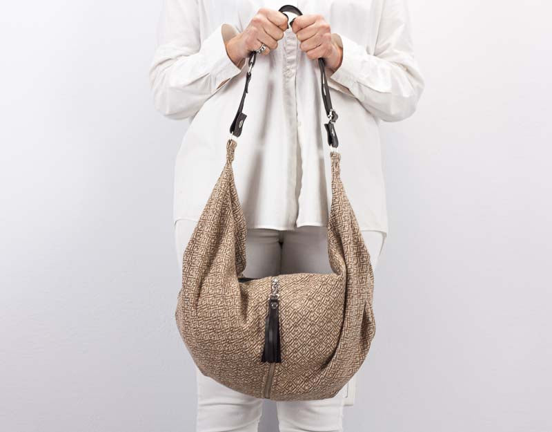 Kallia crossbody bag - Beige patterned wool and leather - milloobags