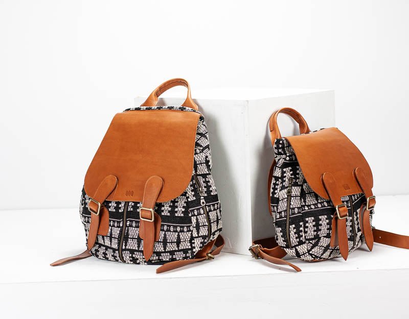 Artemis backpack - Black n White cotton and Brown leather - milloobags