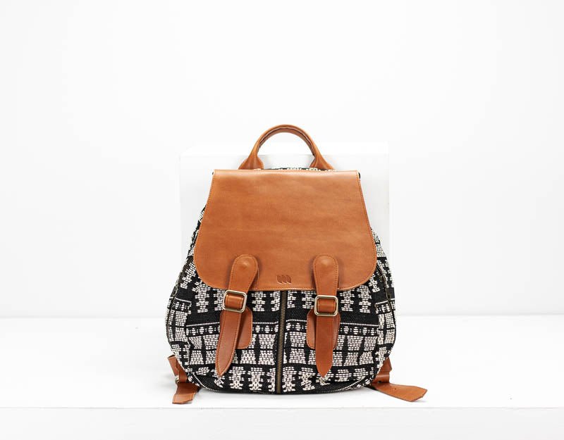 Artemis backpack - Black n White cotton and Brown leather - milloobags