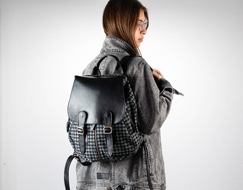 Artemis backpack - Jeans with houndstooth pattern and Black leather - milloobags