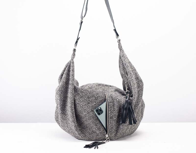 Kallia crossbody bag - Black patterned wool and leather