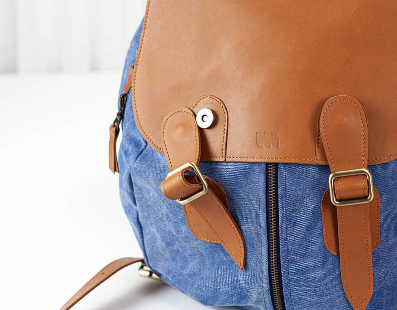 Artemis backpack - Blue stonewashed canvas and Brown leather - milloobags