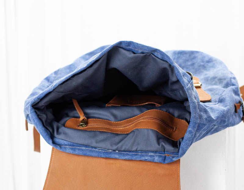Artemis backpack - Blue stonewashed canvas and Brown leather - milloobags