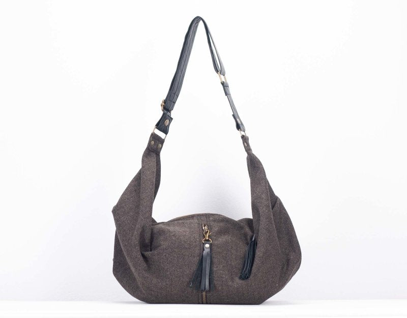 Kallia crossbody bag - Brown herringbone wool and black leather - milloobags