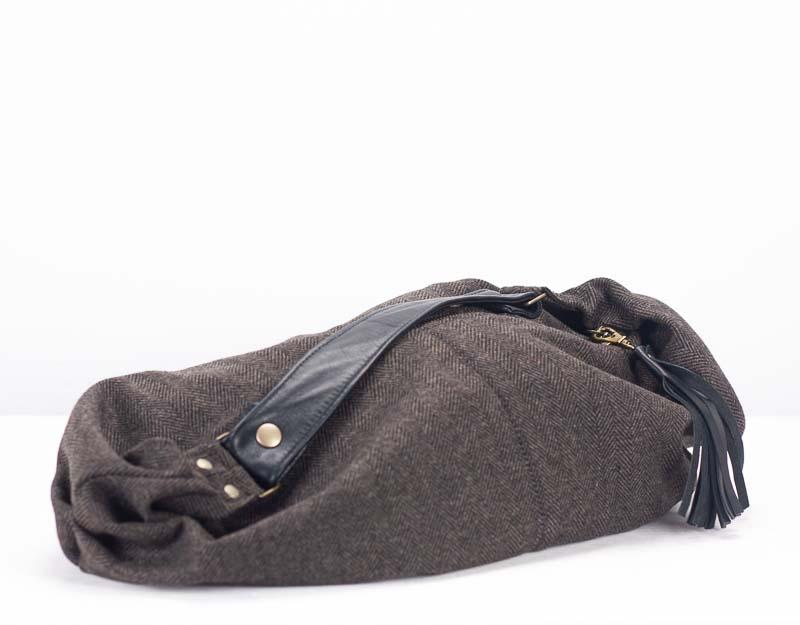 Kallia mini bag - Brown herringbone wool and Black leather - milloobags