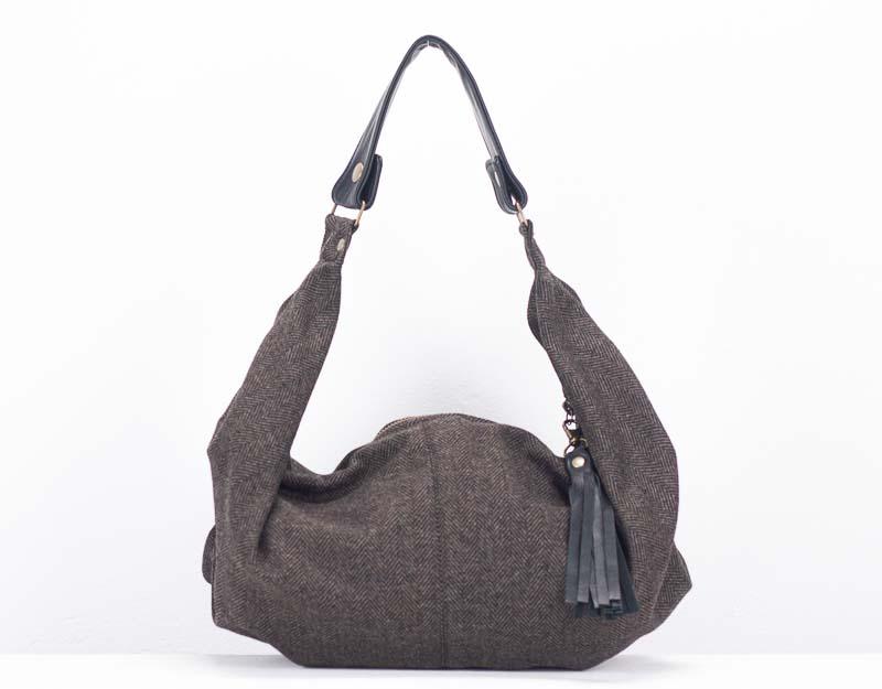 Kallia mini bag - Brown herringbone wool and Black leather - milloobags