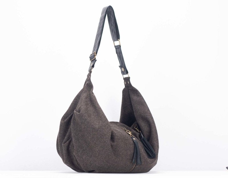 Kallia crossbody bag - Brown herringbone wool and black leather - milloobags