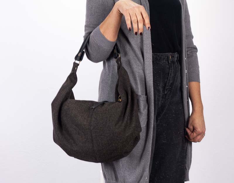 Kallia mini bag - Brown herringbone wool and Black leather - milloobags