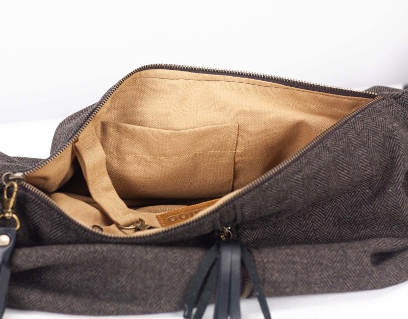 Kallia crossbody bag - Brown herringbone wool and black leather - milloobags