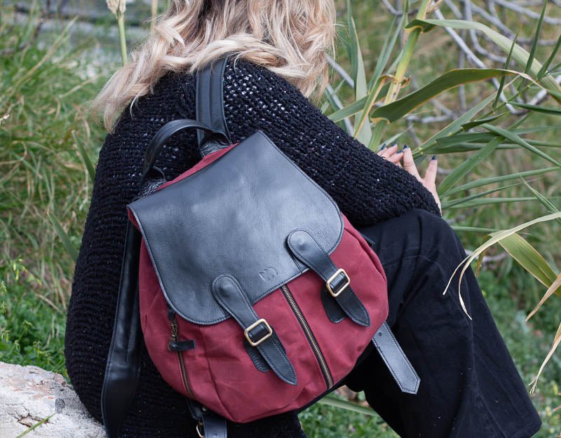 Artemis backpack - Burgundy canvas and Black leather - milloobags