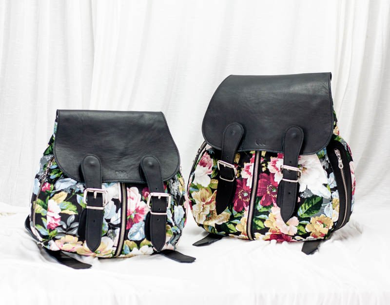 Artemis backpack - Floral canvas and Black leather - milloobags