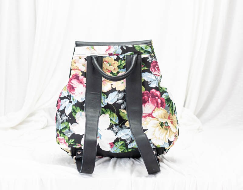 Artemis backpack - Floral canvas and Black leather - milloobags