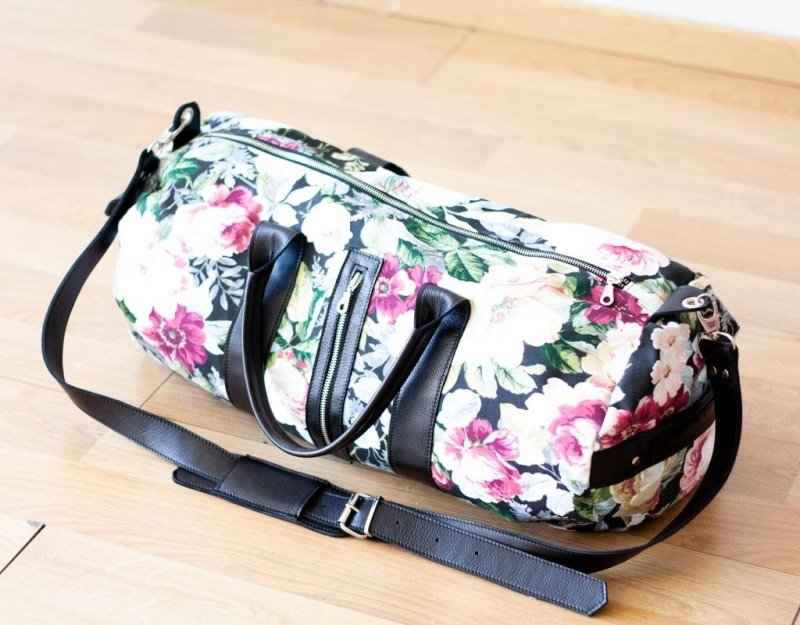 Nestor duffel bag - Black leather &amp; Floral canvas