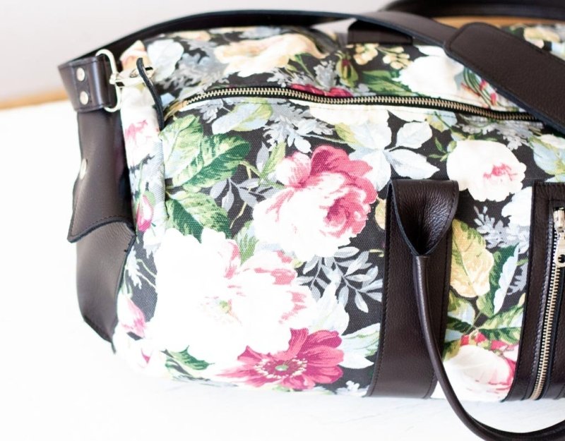 Nestor duffel bag - Black leather &amp; Floral canvas