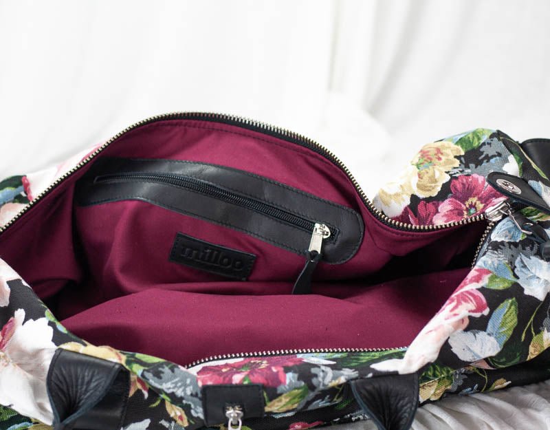 Nestor duffel bag - Black leather &amp; Floral canvas - milloobags
