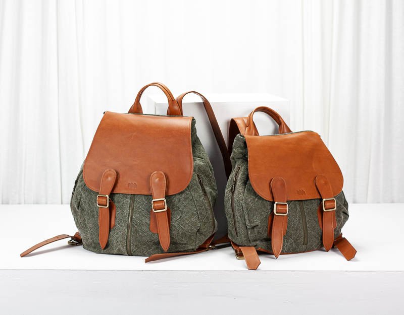 Artemis backpack - Green stonewashed canvas and Brown leather - milloobags