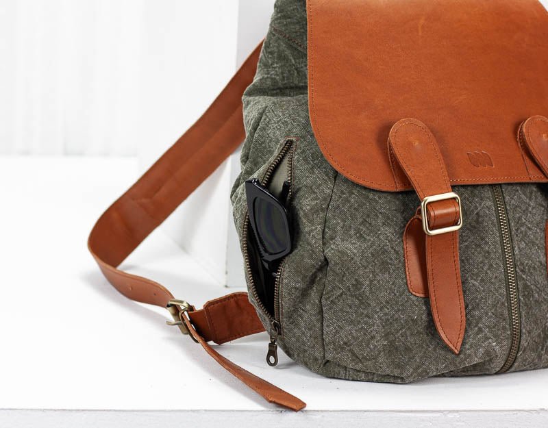 Artemis backpack - Green stonewashed canvas and Brown leather - milloobags