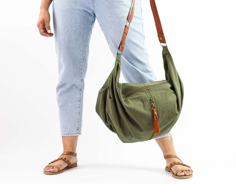 Kallia crossbody bag - Green canvas and brown leather - milloobags